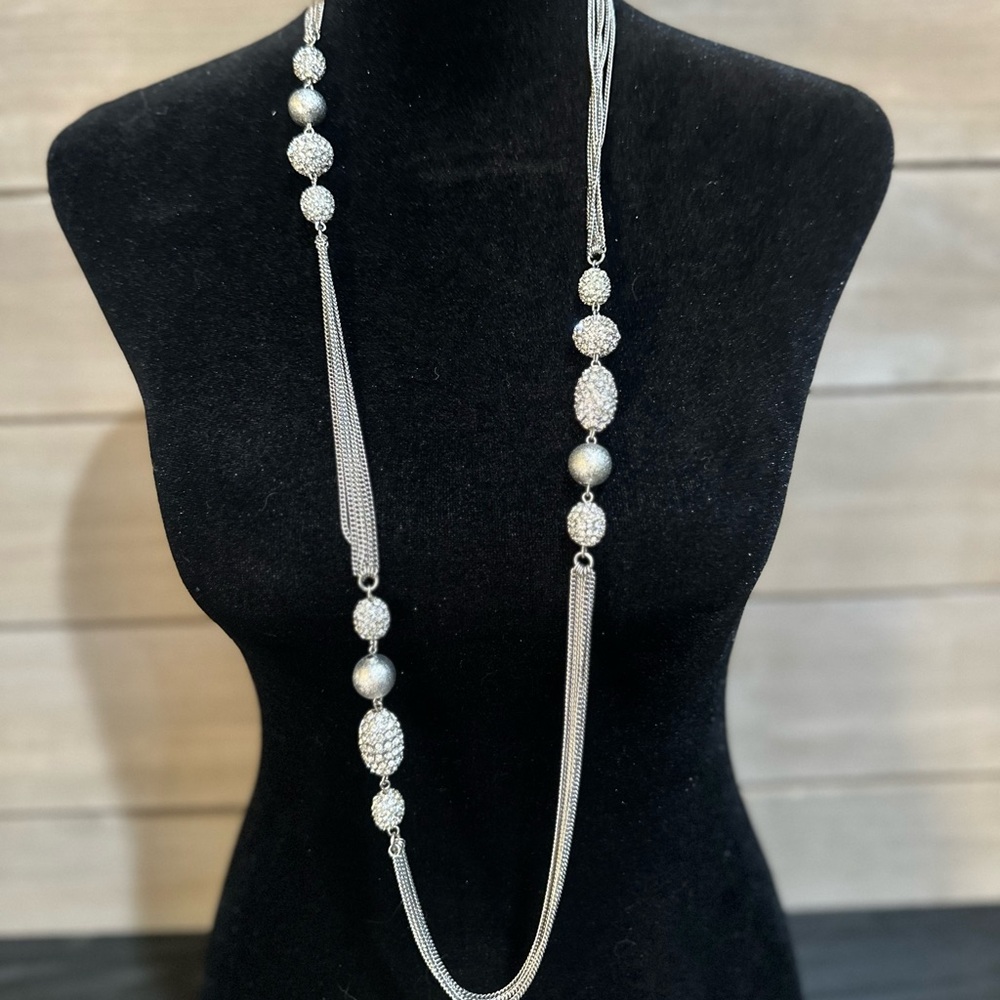 Chico’s Silver Long Beaded Necklace with Smooth Texture